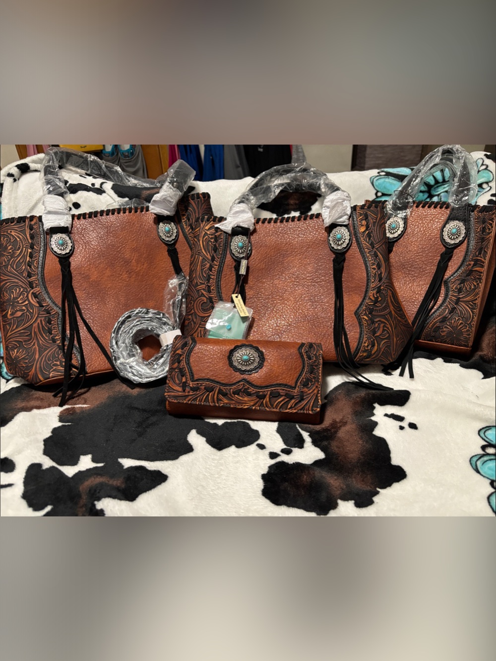 Western Tooled Brown Leather Tote Bag with Turquoise Concho